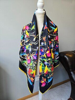 Large Silk Multi Color Bird Design on Black Background Scarf, 51X51 inch